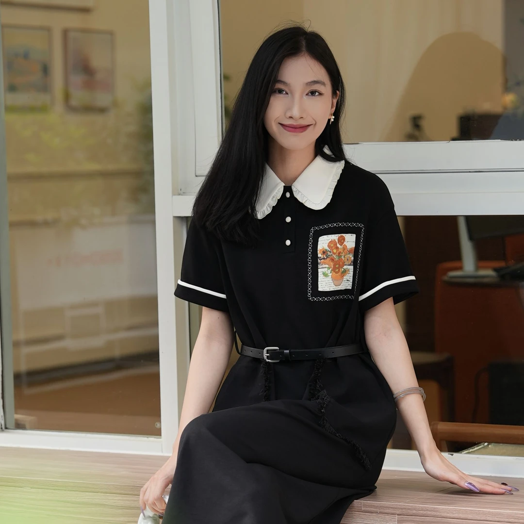 两三事梵花遗梦 遮肉修身遗梦宽松连衣裙polo裙S24XLY749