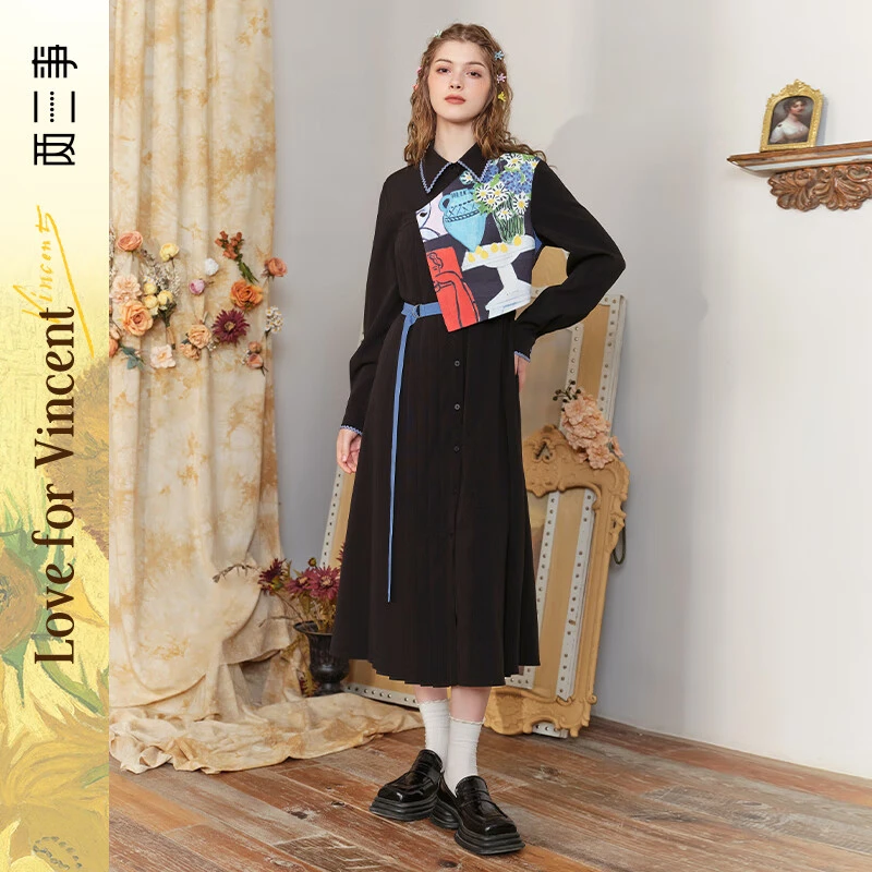 两三事梵高文艺 诸神艺境 油画印花布拼接假两件连衣裙S24QLY637