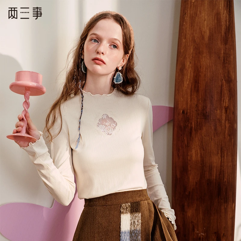 【两三事】零点时分 小清新蕾丝拼接印花长袖打底衫女S24QT312