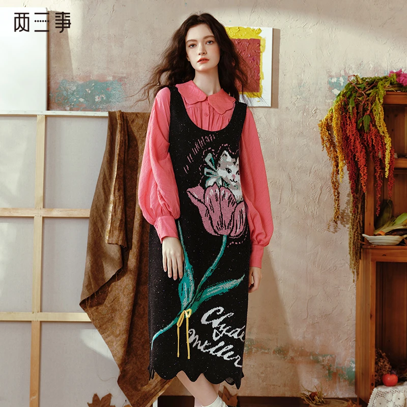 两三事郁见猫腻 猫咪图案绣线边无袖背心裙毛织连衣裙S24QLY668