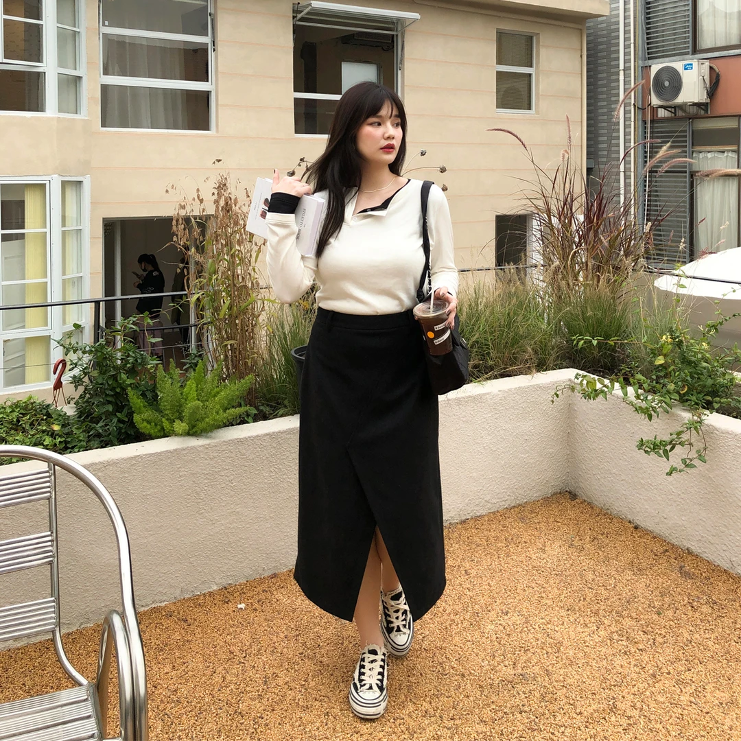 【荷宝娜我大致】高腰开叉中长半身裙女冬季显瘦半裙7D1111Q21BD