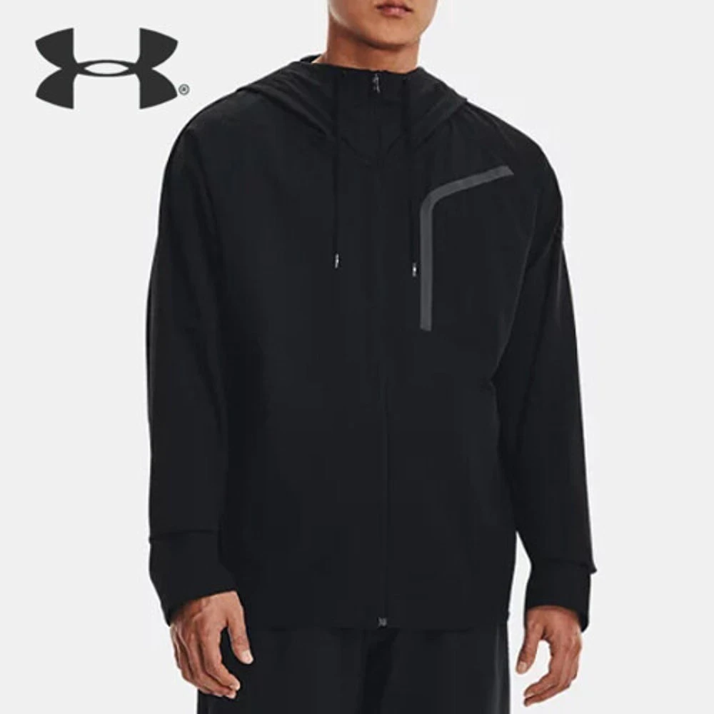 安德玛UA 男外套弹力梭织 透气速干连帽夹克运动跑步外套 1376967