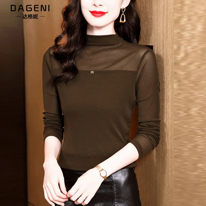 半高领网纱打底衫女内搭秋季2025新款长袖t恤洋气小衫蕾丝上衣潮