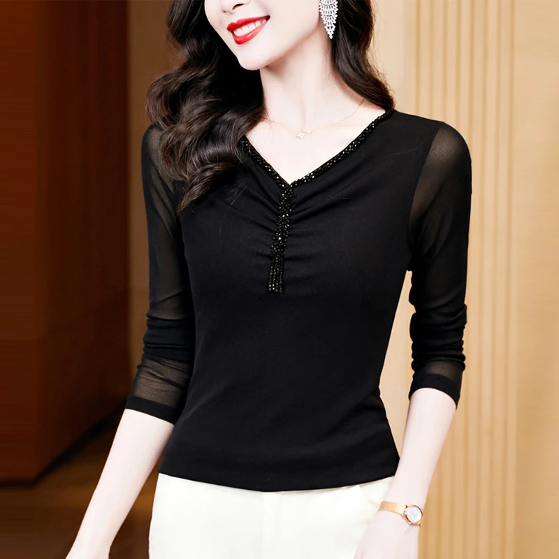 时尚网纱T恤女长袖2025春秋新款洋气内搭打底衫黑色高级蕾丝上衣