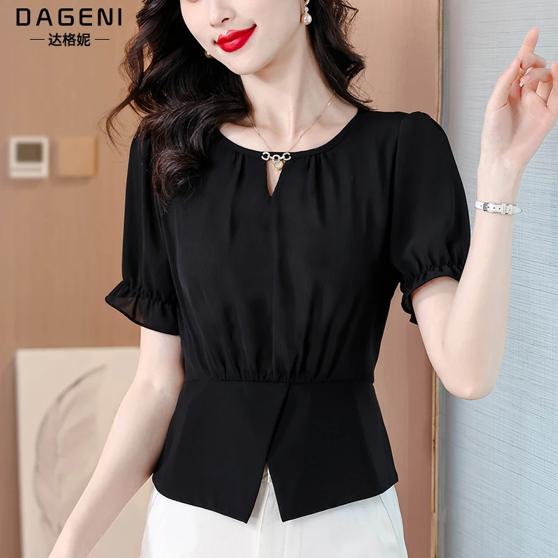 设计感黑色收腰显瘦短袖雪纺衫女士2025夏季新款气质别致百搭上衣