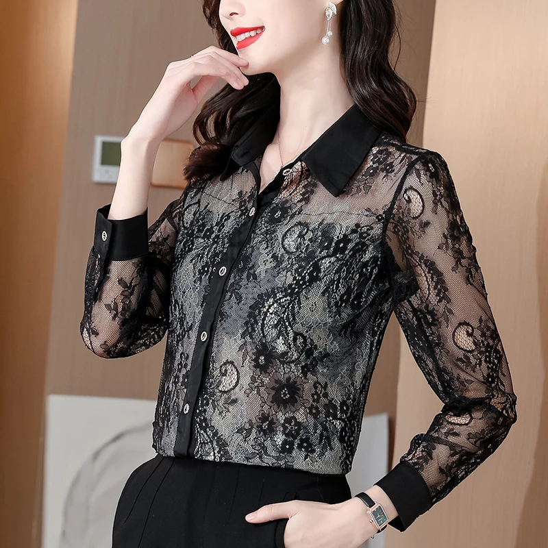 黑色蕾丝长袖衬衫女2024秋装新款设计感时尚气质衬衣百搭洋气小衫
