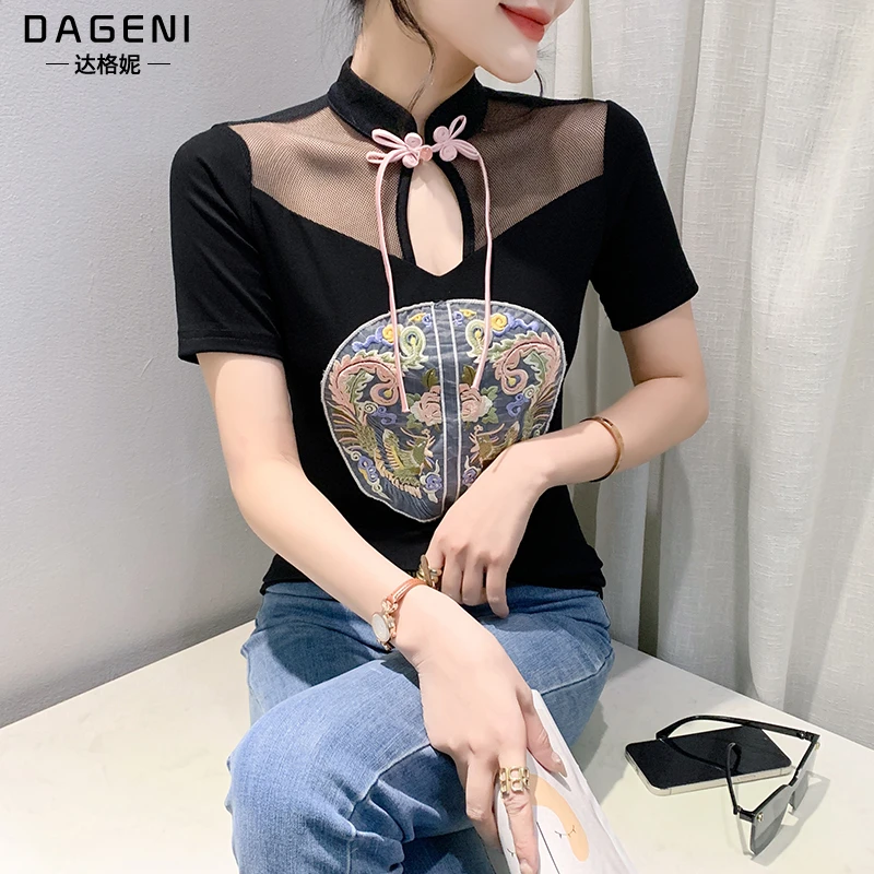 新中式国风刺绣盘扣T恤2024夏季新款设计感小众气质百搭短袖上衣