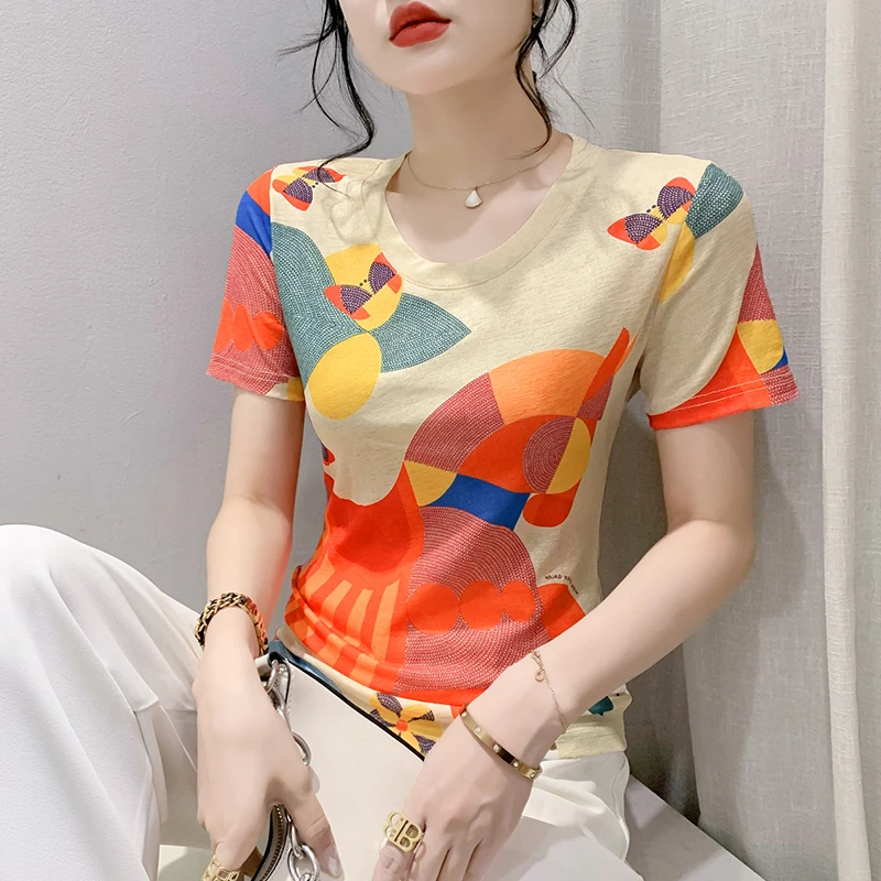 时尚圆领印花短袖上衣女2024夏季新款休闲百搭洋气中年妈妈装小衫