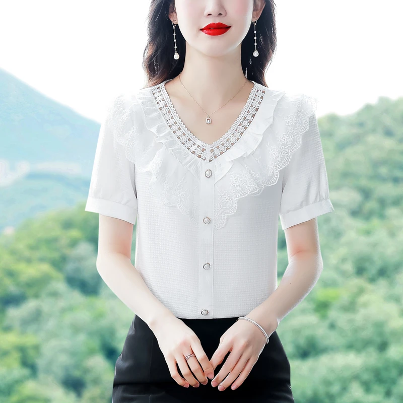 达格妮纯色V领短袖上衣年夏季新款时髦气质简约百搭年轻妈妈小衫