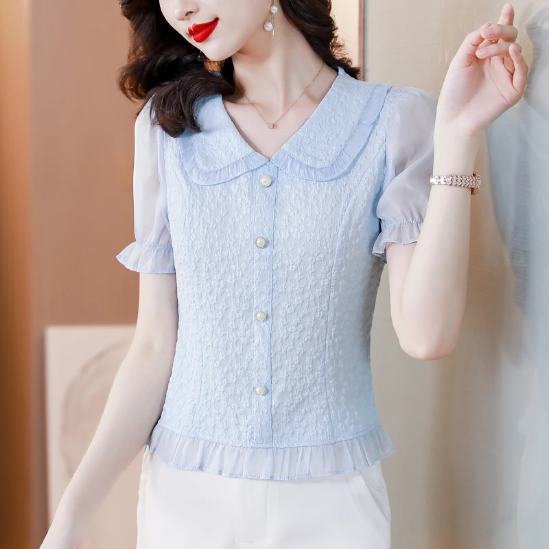 达格妮娃娃领提花短袖上衣夏季新款漂亮别致洋气减龄中年妈妈小衫