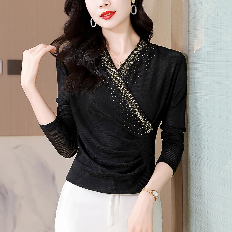 交叉网纱低领上衣薄纱薄款长袖修身t恤2024春秋新款洋气蕾丝小衫