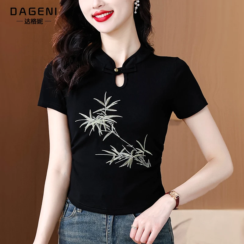 新中式国风盘扣旗袍领短袖上衣2025夏季新款复古风小个子短款t恤