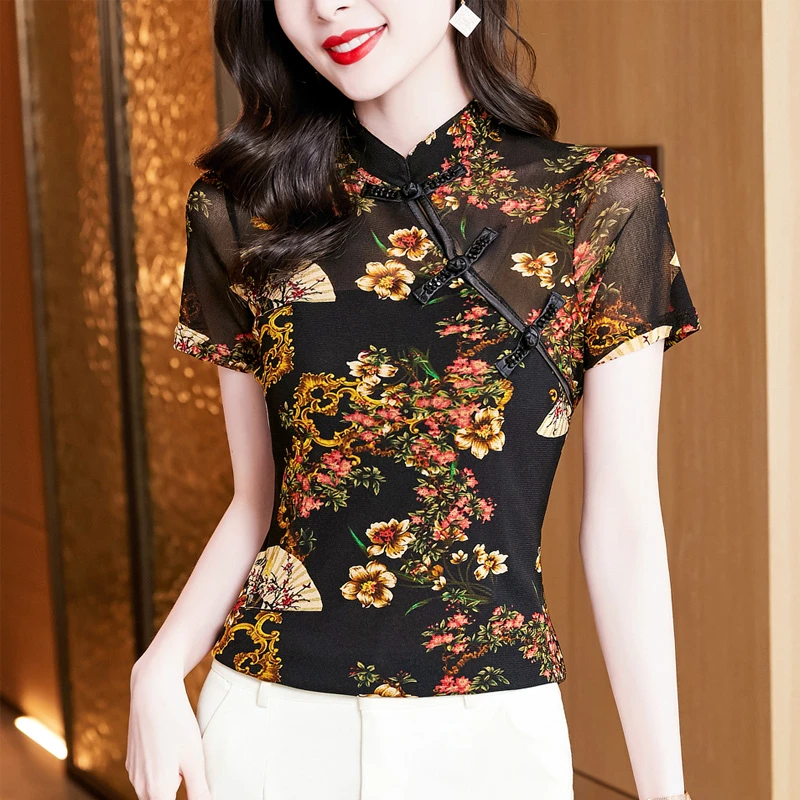 中式盘扣蕾丝短袖t恤女2024夏季新款网纱打底衫女中国风旗袍上衣