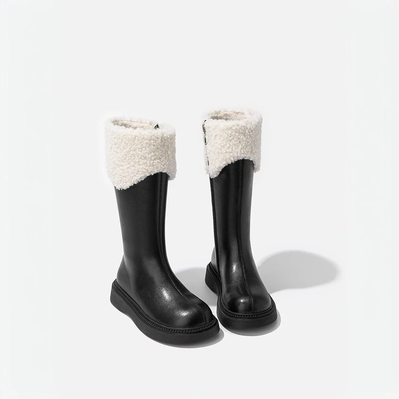 ABC女童靴子2024冬季新款长筒靴中大童洋气加绒皮靴儿童高筒长靴