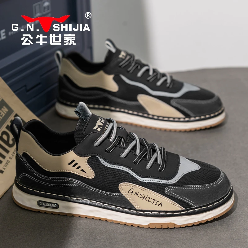 公牛世家2025新款德训男鞋秋季复古时尚潮流透气休闲板鞋男阿甘鞋