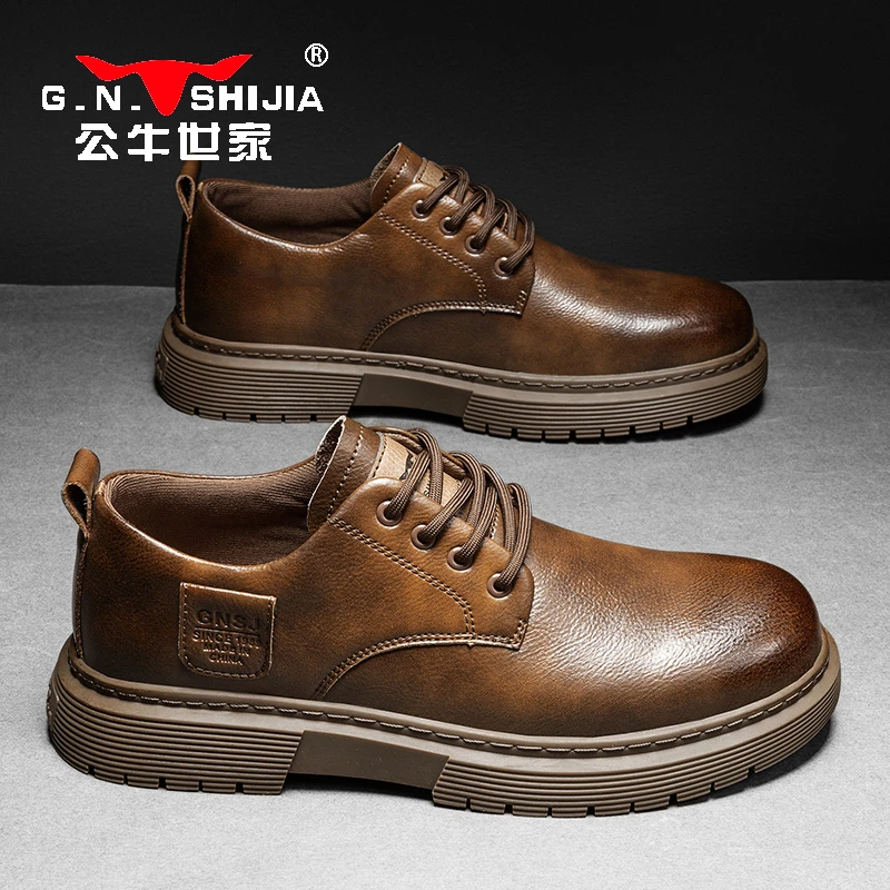 公牛世家2024休闲皮鞋新款春秋厚底男鞋红棕色皮面低帮马丁鞋百搭