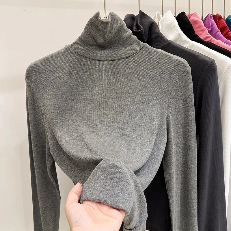 加绒高领打底衫女内搭秋冬2025新款洋气修身上衣薄绒长袖t恤女潮