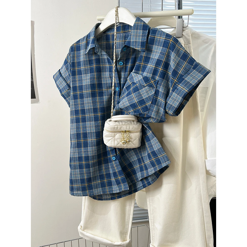 蓝色格子正肩短袖衬衫女夏季2025新款小众POLO领衬衣休闲宽松上衣