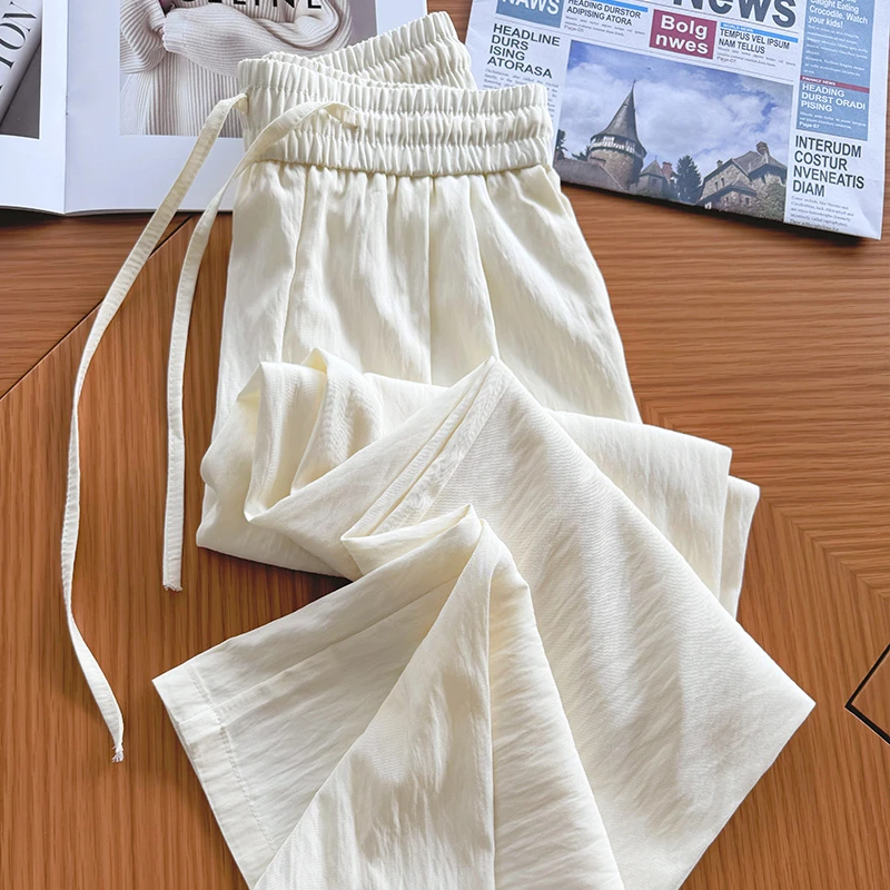 杏色冰丝阔腿裤女夏季2025年薄款小个子高腰垂感休闲窄版直筒裤子