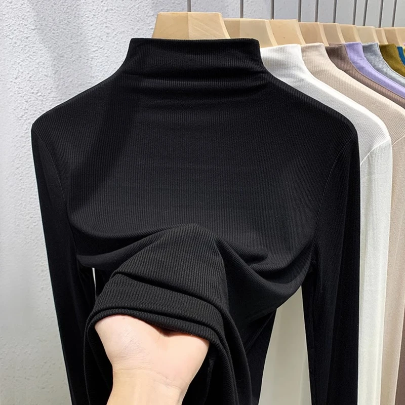 半高领加绒高档次打底衫女秋冬2025年新款上衣磨毛黑色t恤女内搭