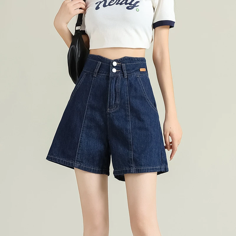 深蓝色牛仔短裤女夏季2025新款美式小个子a字高腰显瘦阔腿热裤子