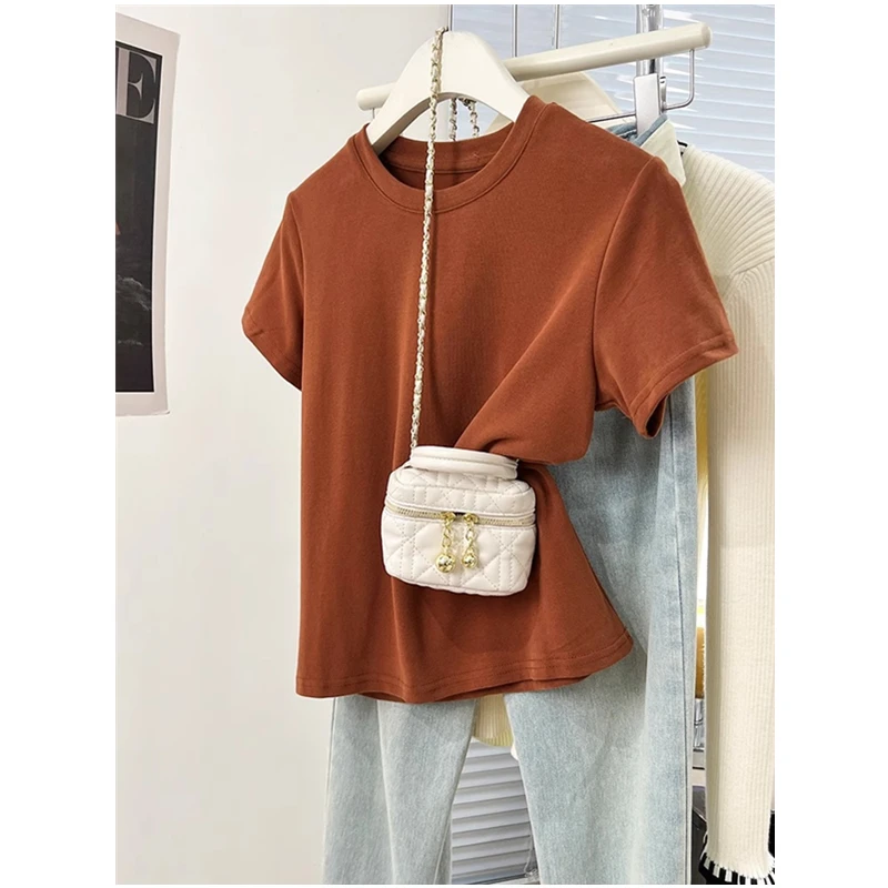 棕色圆领正肩短袖t恤女夏季2025年设计感小众打底衫内搭体恤上衣
