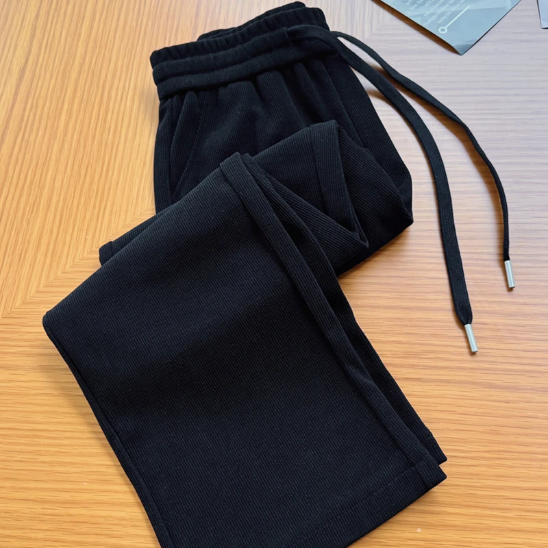 黑色窄版阔腿裤女秋冬季加绒小个子梧桐裤垂感欧棉绒直筒休闲裤子