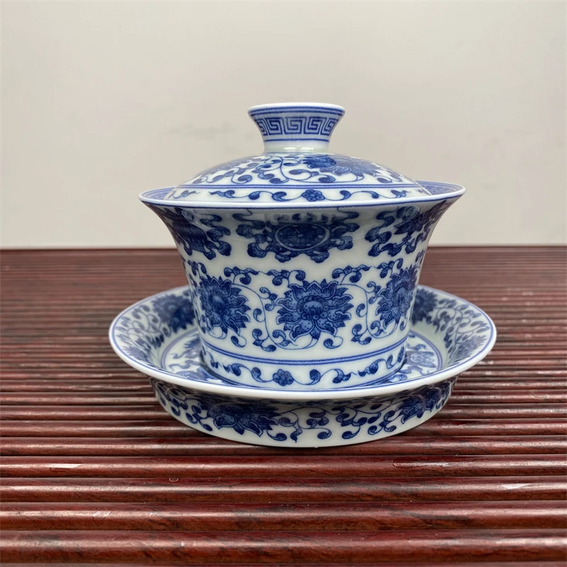 青花八宝缠枝莲马蹄三才盖碗釉下彩陶瓷复古泡茶碗釉下青瓷盖碗