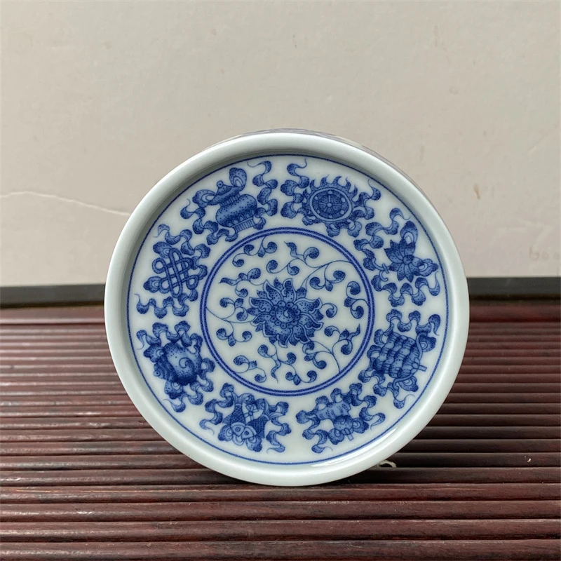青花中式缠枝莲直边盖置实心杯垫高温釉下彩干泡陶瓷功夫茶具圆形