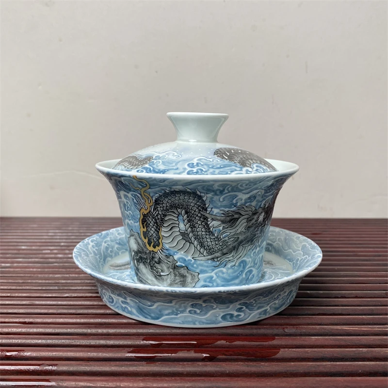 青花粉彩墨龙游海马蹄三才盖碗高温瓷防烫家用功夫茶具龙纹主人杯