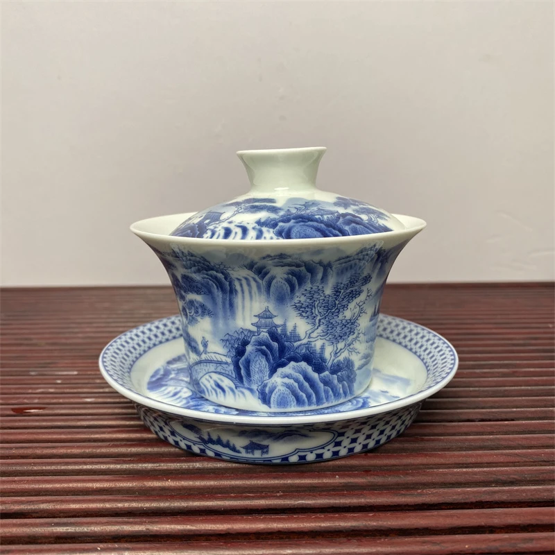 微瑕青花山水之巅盖碗瓷盖碗密封性不好陶瓷茶盖碗