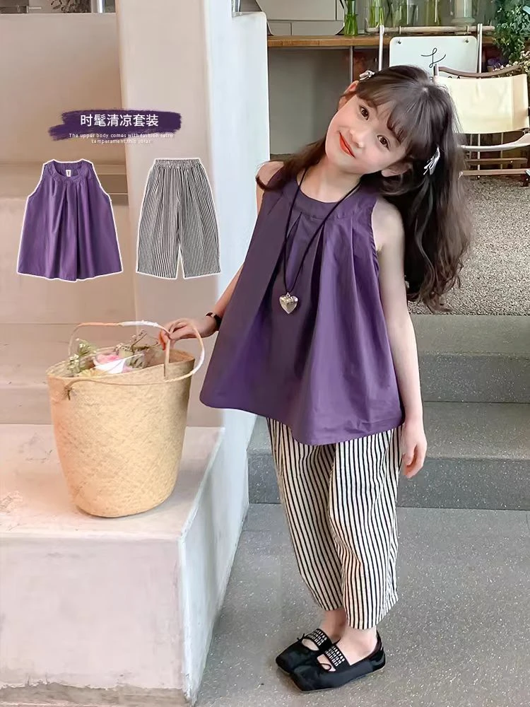 女童套装2025夏季新款儿童夏装无袖两件套小女孩薄款洋气阔腿裤潮