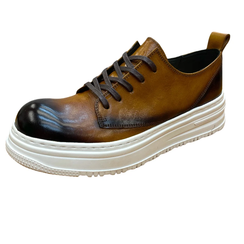 男士休闲皮鞋厚底复古百搭真皮棕色商务英伦风低帮系带时尚透气潮