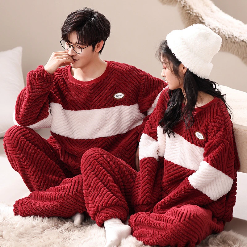 蕉蕉芬情侣睡衣家居服套装新婚法兰绒冬季加厚保暖结婚红色可外穿