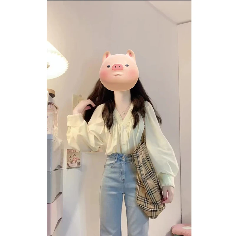 2024早秋季新款女士V领气质宽松长袖衬衫上衣高腰长裤显瘦牛仔裤