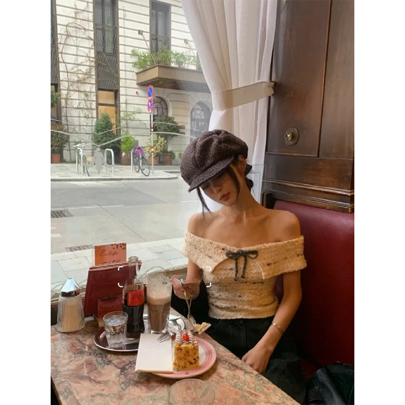 慵懒穿搭女夏季一字领蝴蝶结系带露背显瘦百搭短款小众上衣牛仔裤