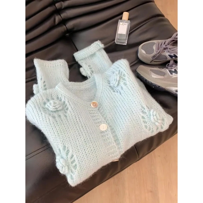 毛针织衫女士2024秋季慵懒风高级感上衣镂空休闲百搭长袖外套开衫