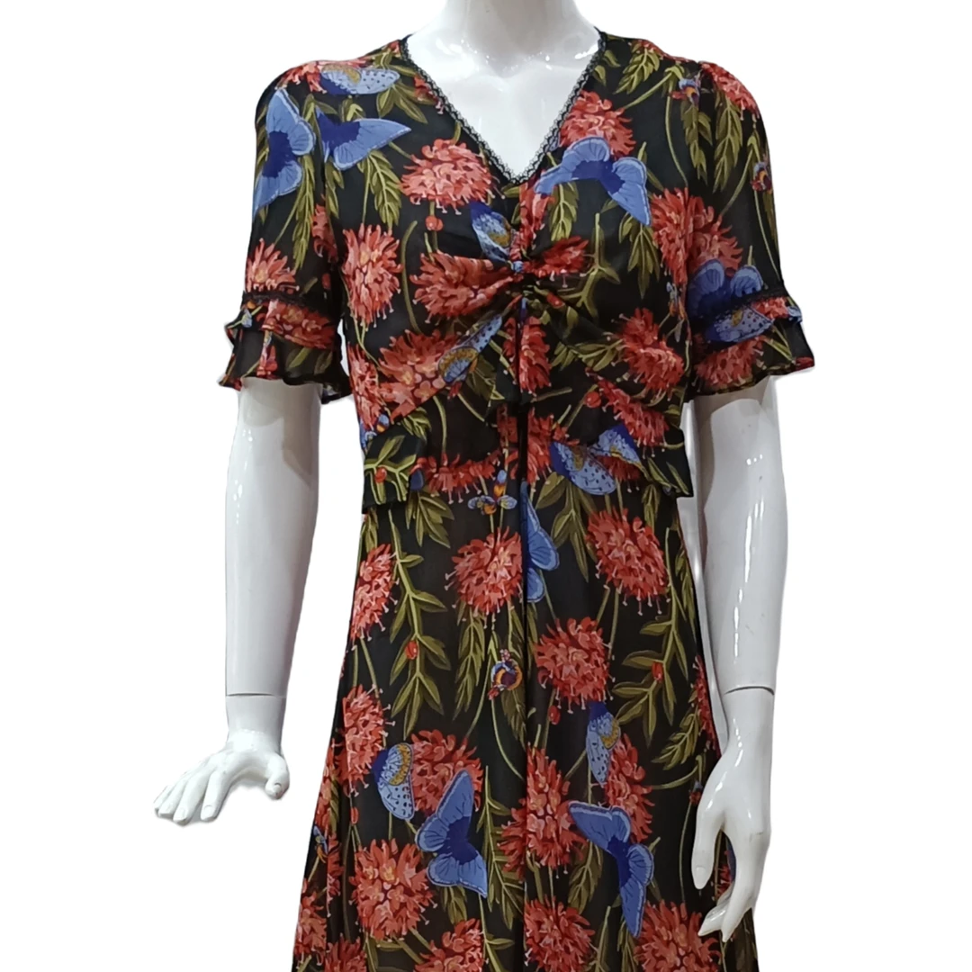 夏季V领雪纺中长款连衣裙裙子时尚气质显瘦印花街头风a字中长裙