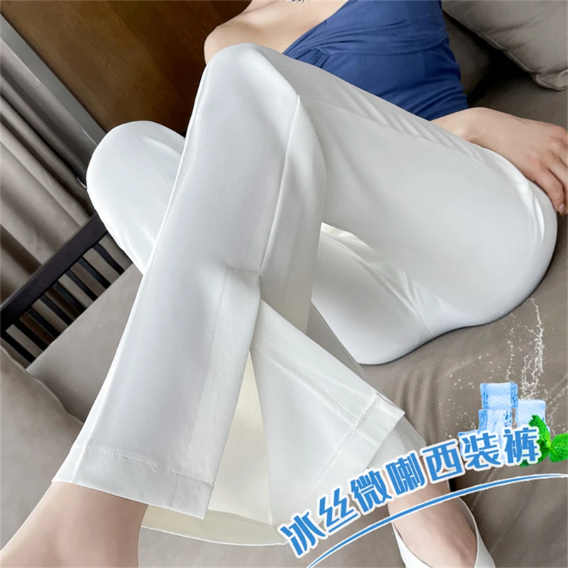 开叉微喇叭西装裤女春夏薄款高腰垂感显瘦小个子冰丝阔腿拖地裤子