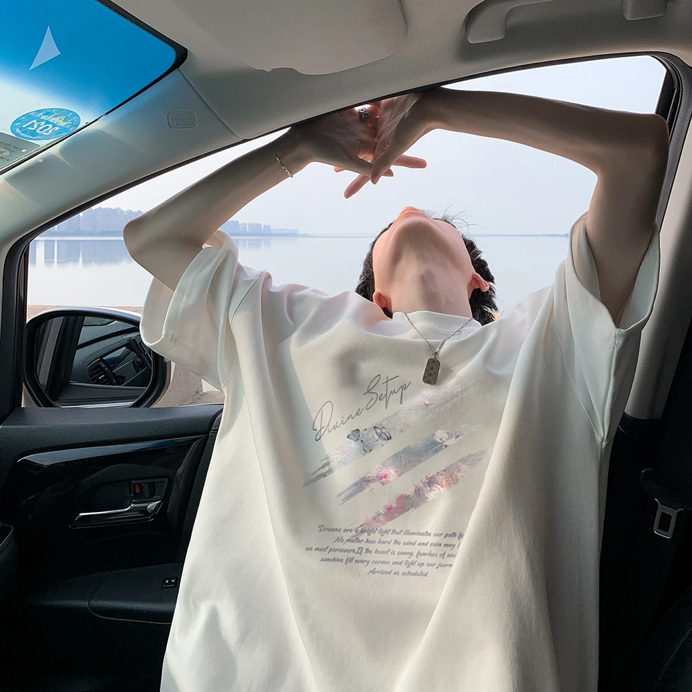 白色t恤短袖男2024夏季新款宽松休闲情侣潮流印花圆领半截袖体恤