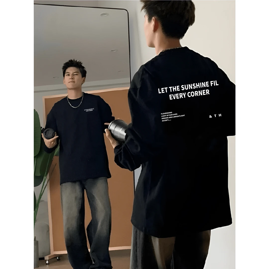 美式休闲纯棉长袖t恤男280g秋冬重磅圆领宽松上衣情侣装简约百搭