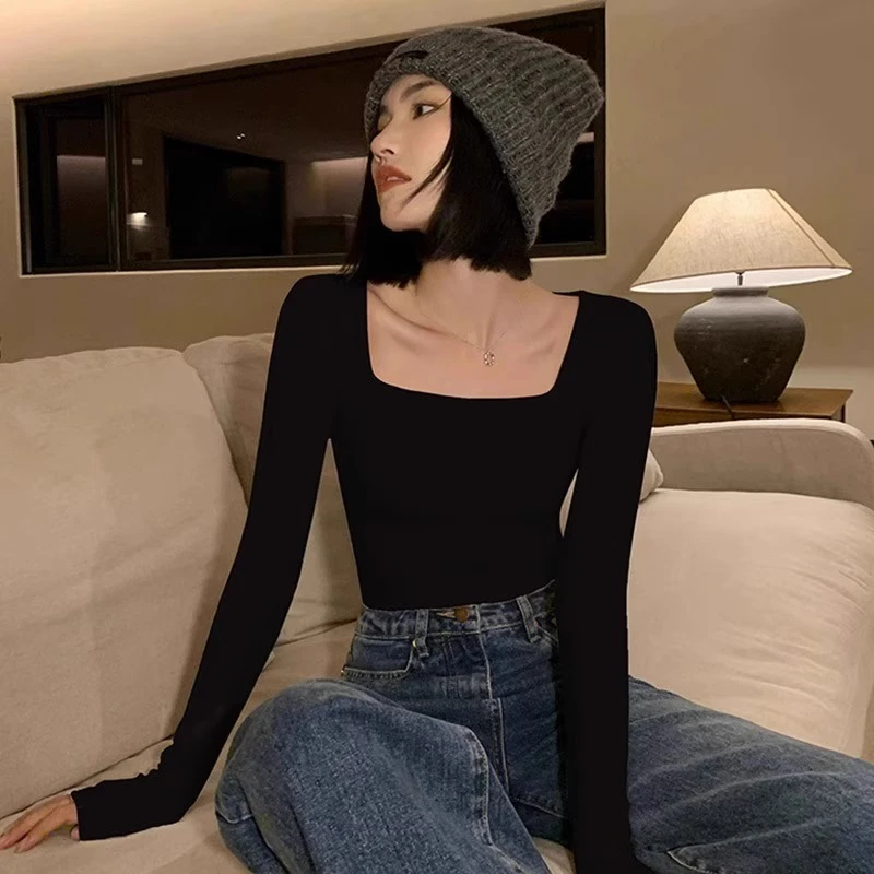 方领打底衫女2024新款 秋冬薄绒内搭长袖t恤修身显瘦洋气减龄上衣