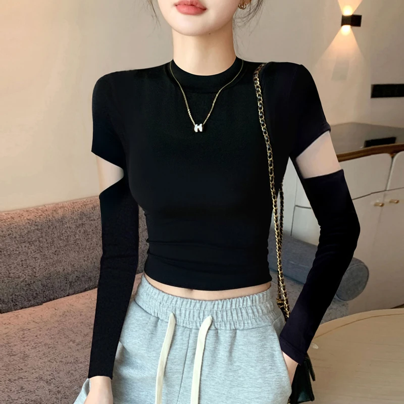 螺纹黑色小高领打底衫女春秋内搭露脐上衣紧身短款设计感长袖T恤