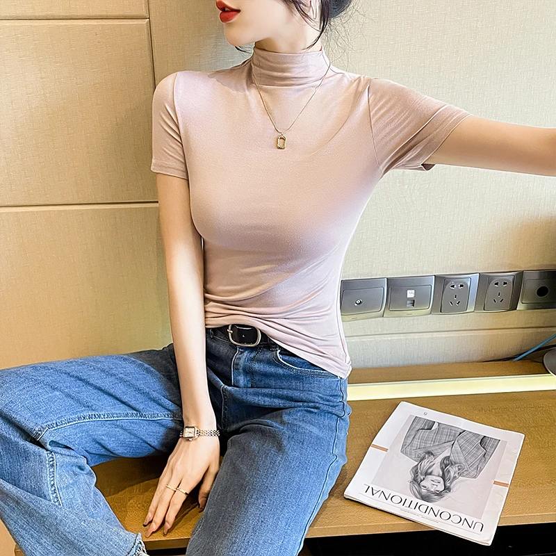 皮粉莫代尔T恤女短袖2022年新款春夏季修身半高领打底衫紧身上衣
