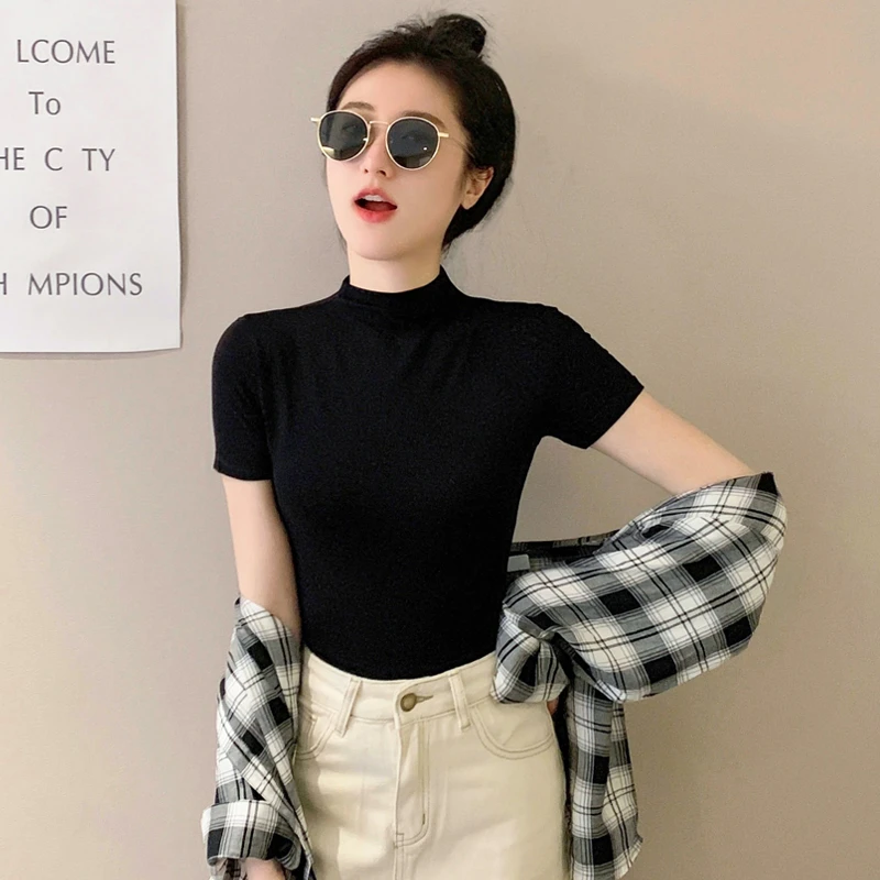 黑色半高领短袖t恤女2023早春夏冰丝中领薄款上衣紧身半袖打底衫