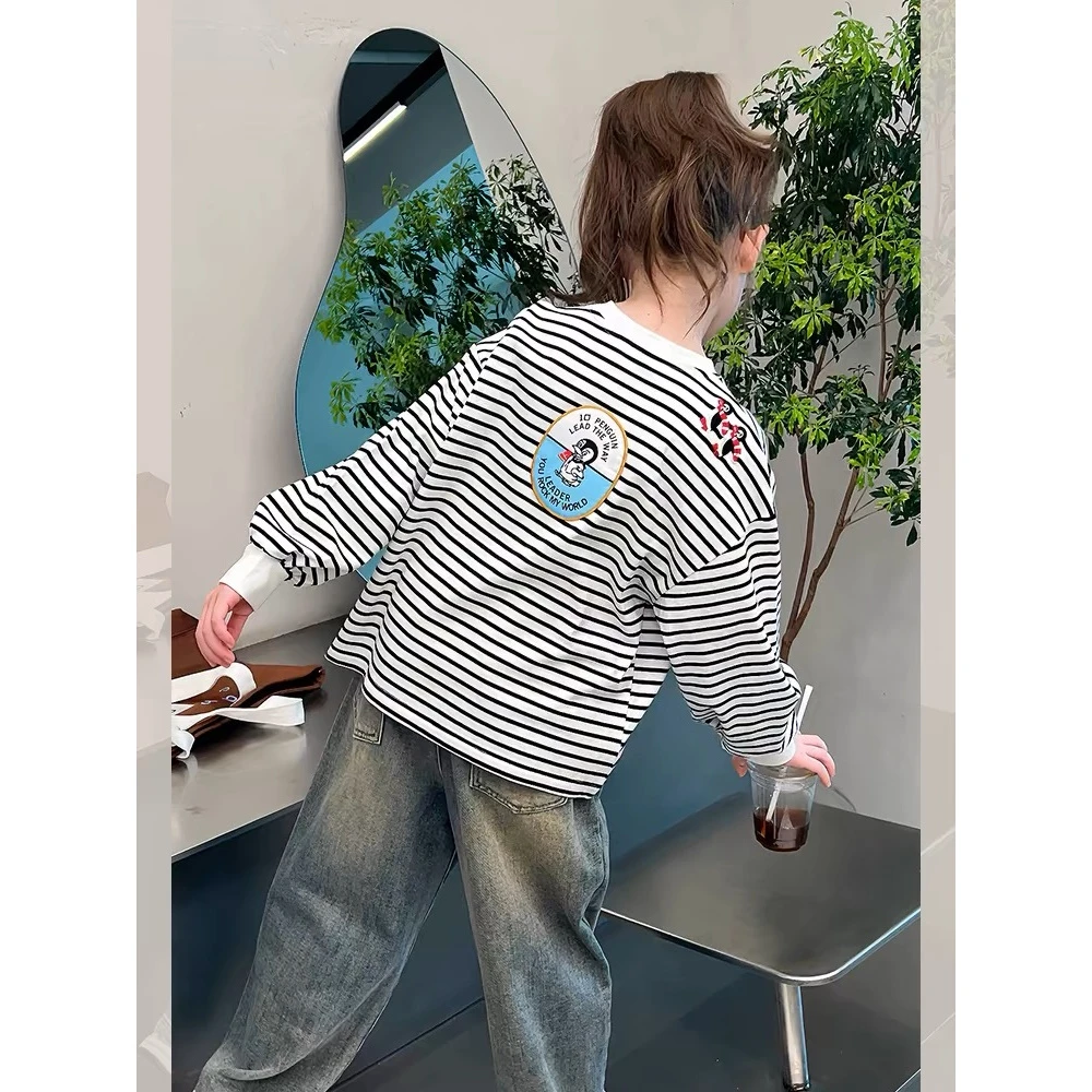 【断码清仓】韩版东大门企鹅条纹刺绣秋季打底衫 A586 586