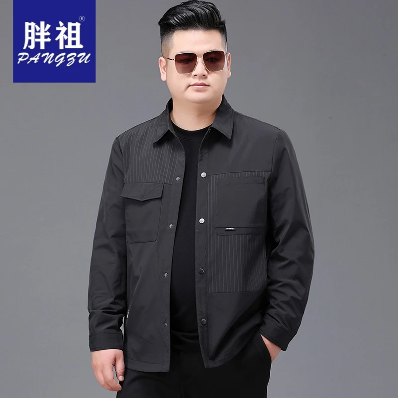 胖子男装翻领休闲男外套男士春秋特大号宽松上衣衬衫式夹克