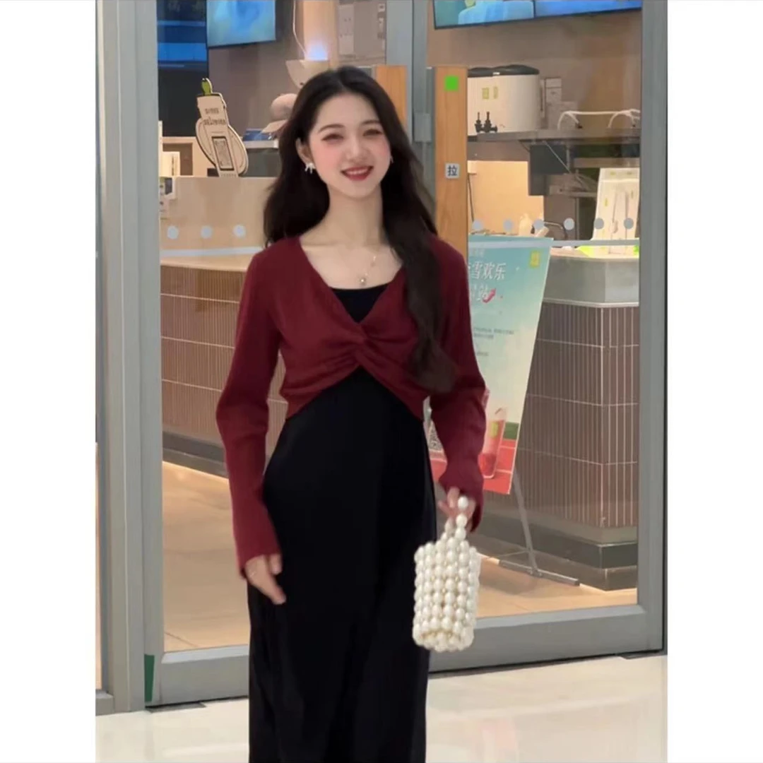 2024秋季大码女装新款撞色法式温柔长袖上衣+气质吊带连衣裙套装