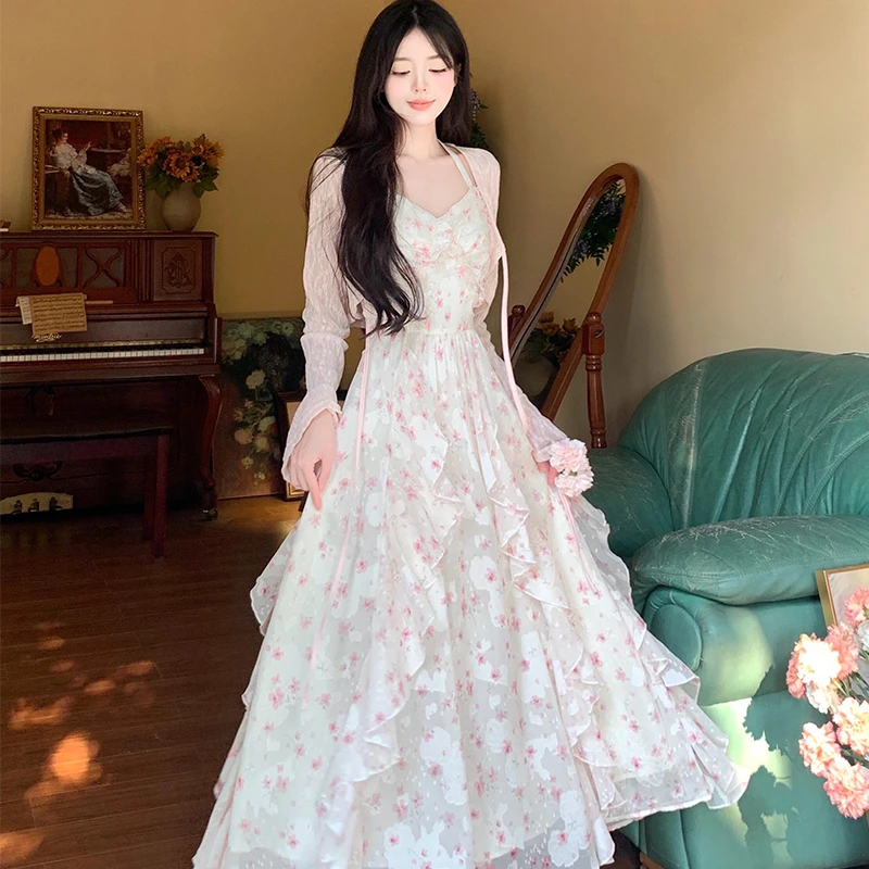 2024夏季大码女装纯欲温柔收腰显瘦挂脖碎花连衣裙防晒开衫两件套