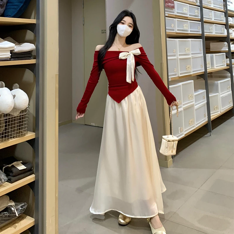 2024秋冬大码女装新款时尚甜美显瘦露肩针织上衣+半身裙两件套